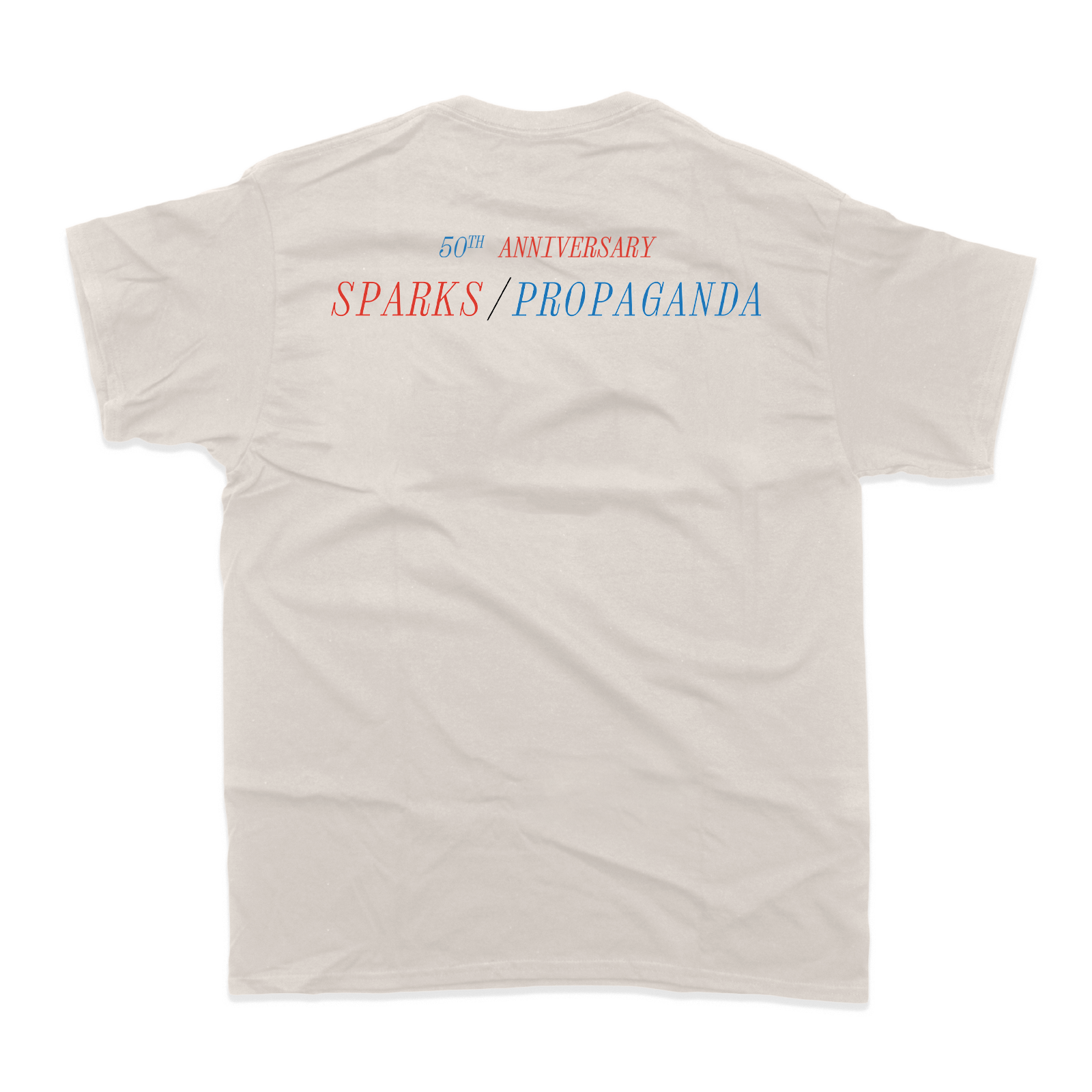 Beige t-shirt with ’60th ANNIVERSARY SPARKS/PROPAGANDA’ text printed on the back.